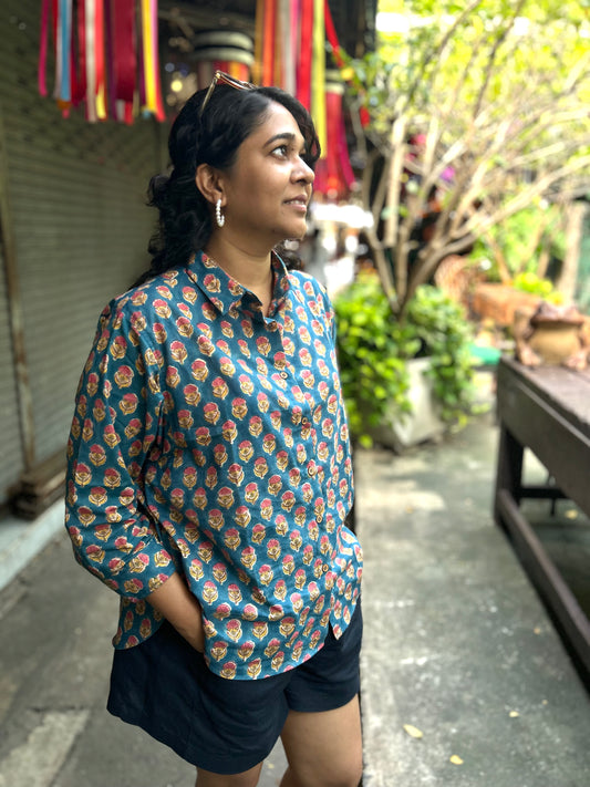 Blue Hibiscus Box Fit Shirt